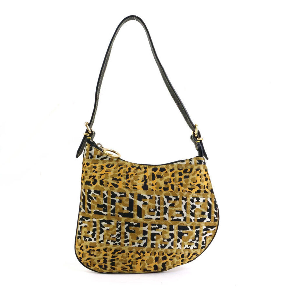 Fendi Leather Canvas Gold Tan Leopard Zucca Beige Shoulder Black Bag - Picture 2 of 4